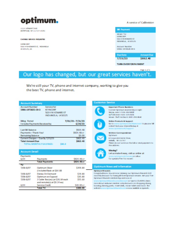 Download New York Optimum cablevision business bill,  SCR Photoshop template